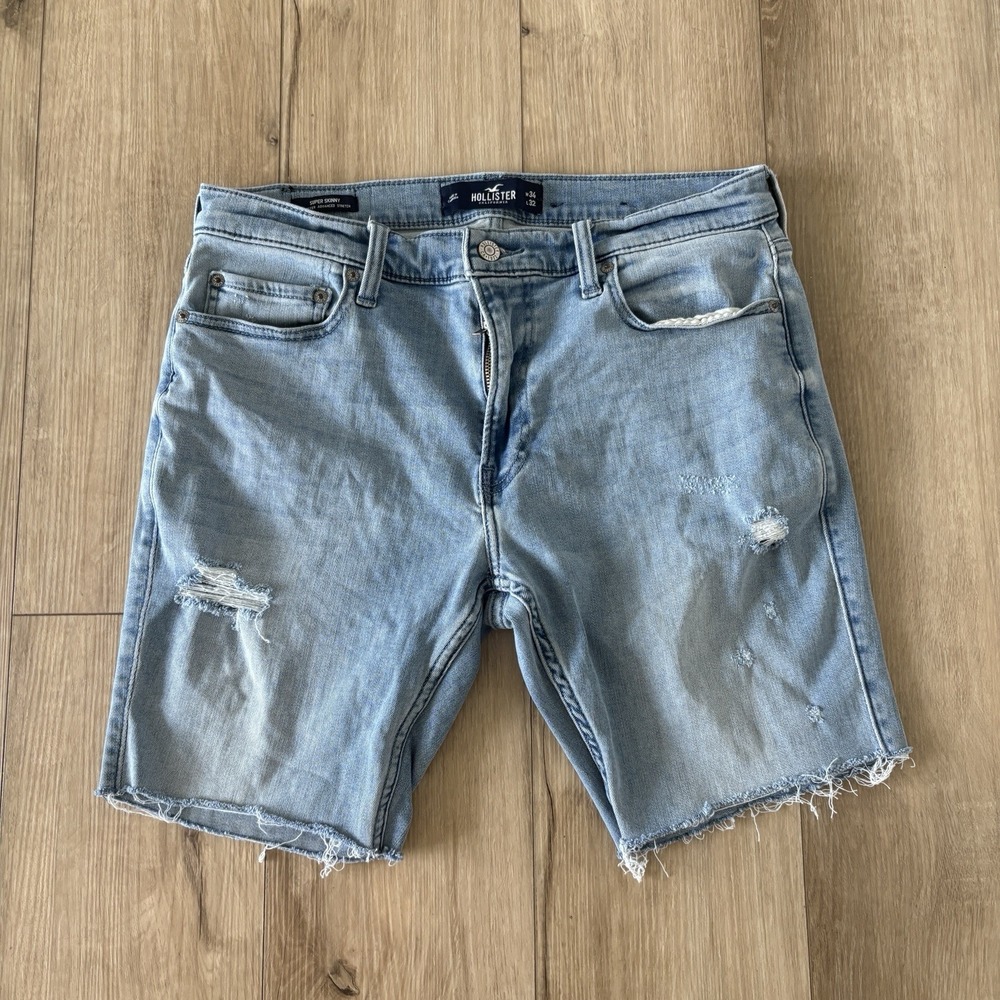 Men's Hollister Skinny Denim Shorts W34 Distressed Cut Off Frayed Hem Light Wash